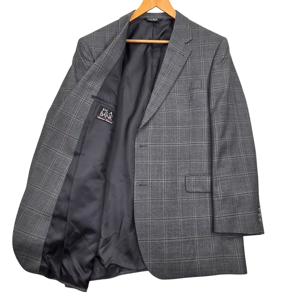 Jos A Bank 100% Wool Blazer 44L Windowpane Gray Plaid Sport Coat